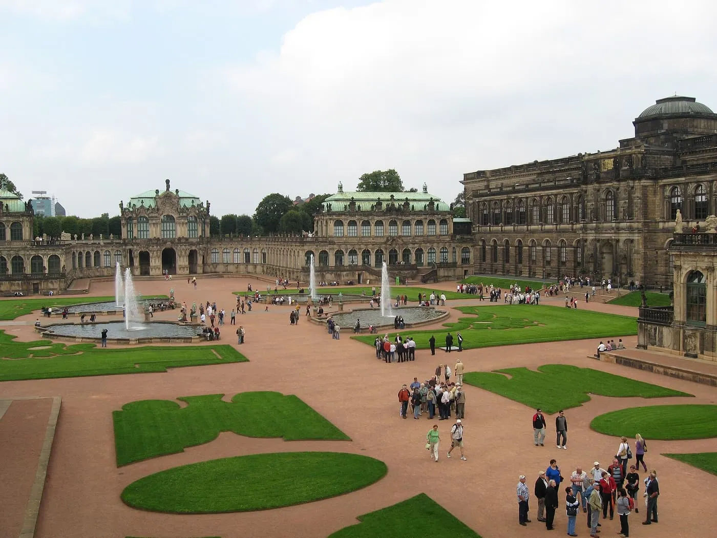 The Zwinger's courtyard with fountains, lawns and the baroque pavilions along its galleries